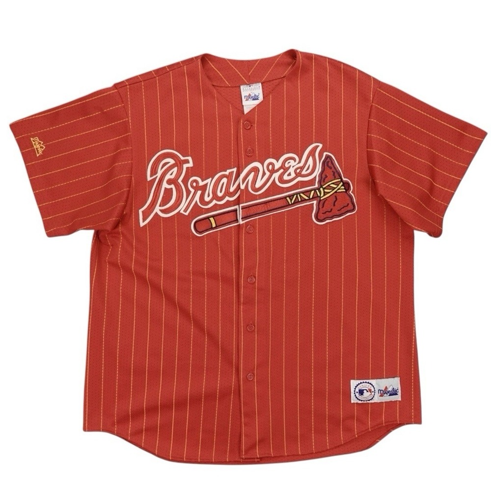 Vintage Majestic Atlanta Braves Baseball Jersey Mens XL Red Pinstriped RARE USA